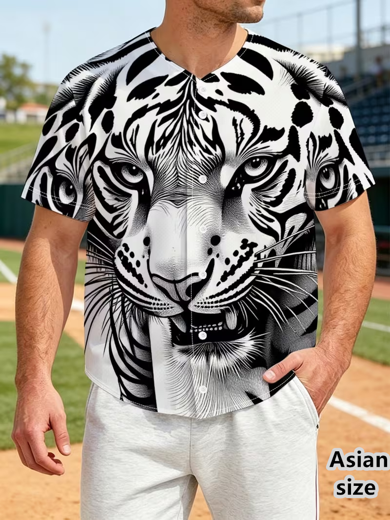 Mens Fashion Baseball Jersey - Mens 3D Tiger Print Baseball Jersey