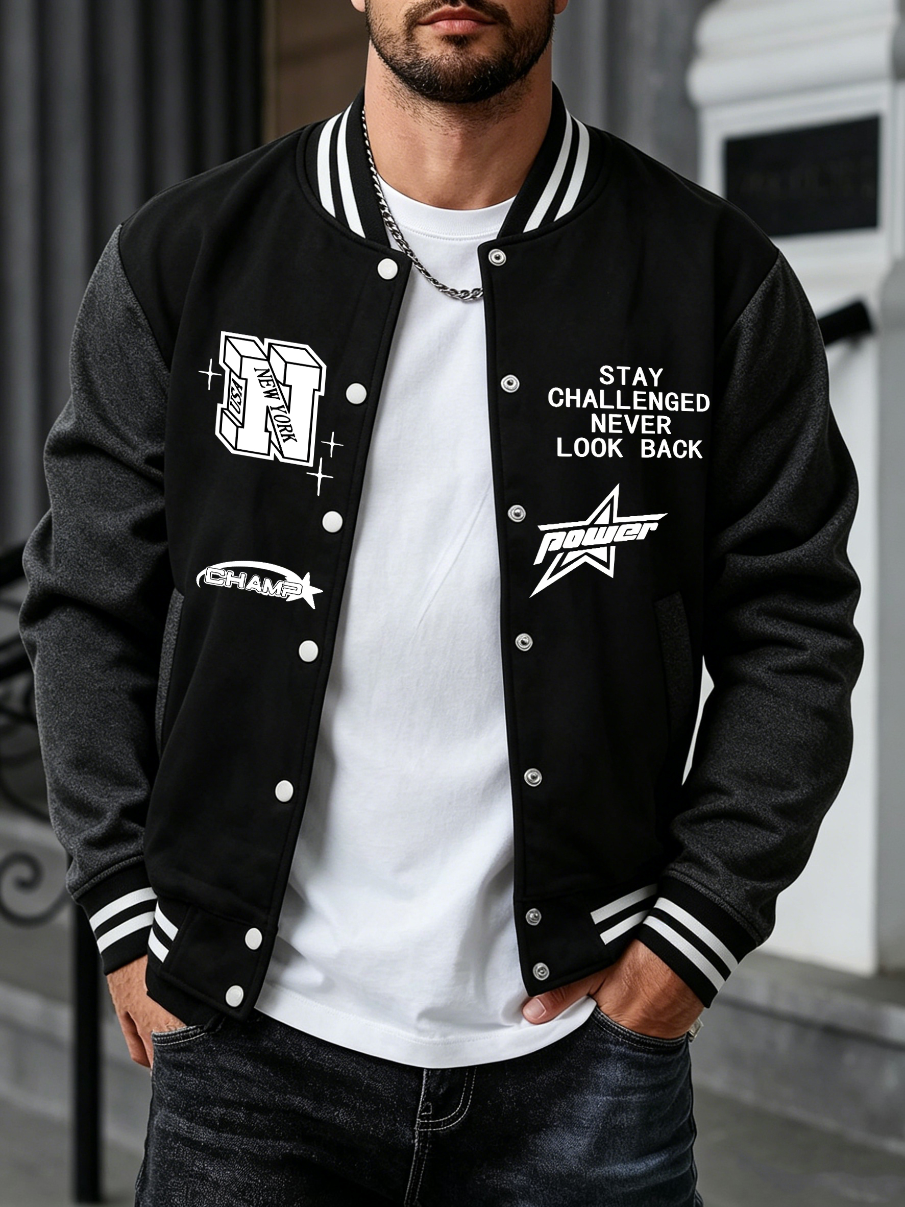 Mens Fashion Baseball Jersey - Stay Challenged Never Look Back Pattern