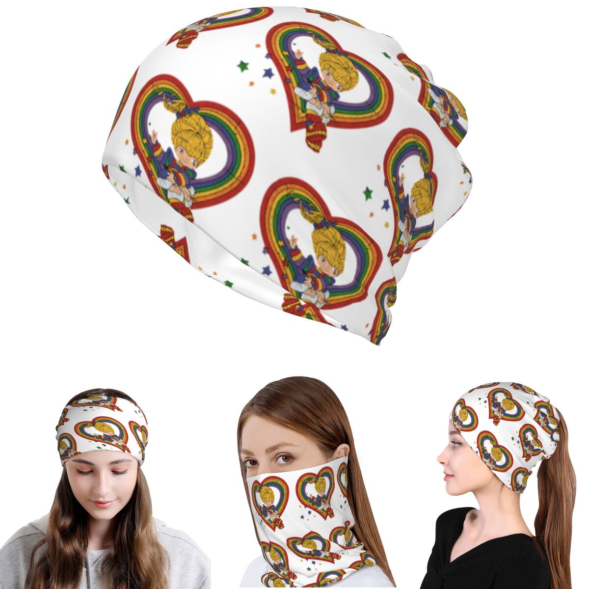 Beanie Winter Hat - Rainbow Brite With Rainbow Heart Bandana